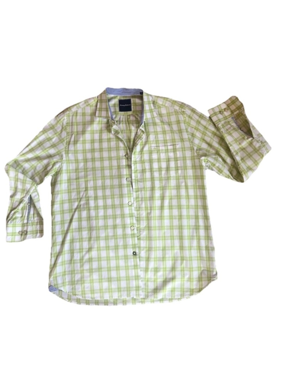 Tommy Bahama SZ L Lime Green White Plaid Check Button-Down Pima Cotton Shirt